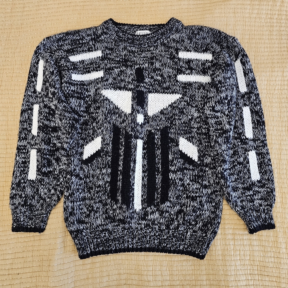 Vintage Nicolas Allen 80's Black And White Sweater Geometric‎ Eclectic Grandpa